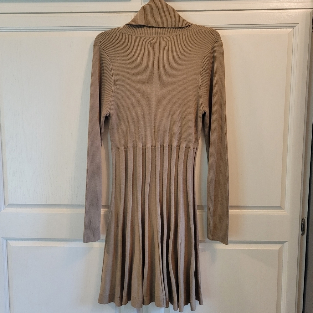 Calvin Klein Tan Cowl Neck Long Sleeve Pleated Sweater Dress - Picture 3 of 8